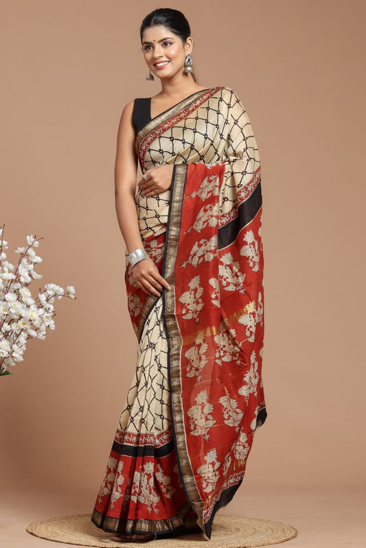 ज्यामिति : Elegant & Classic Hand Block Printed Bagru Maheshwari Silk Cotton Saree