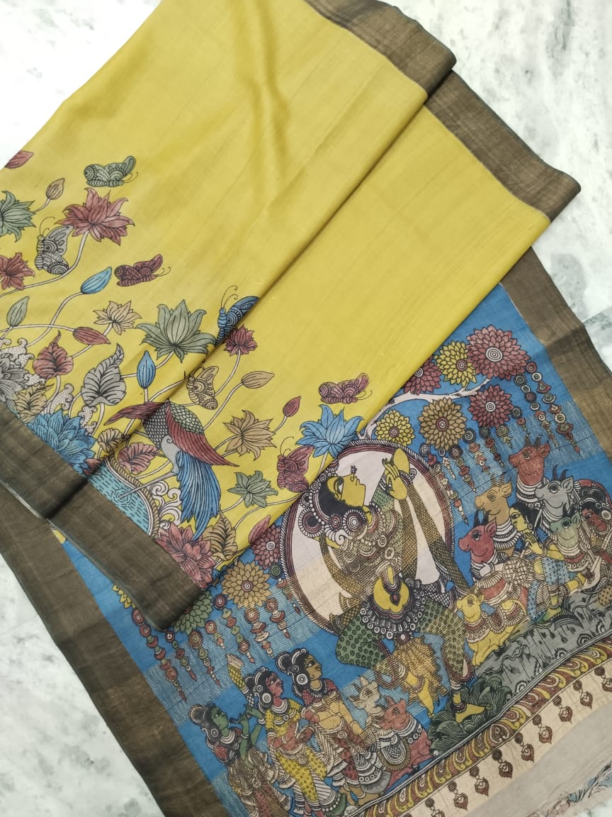 Kalamkari Floral Digital Print on Pure Vidarbha Tussar with Ganga Jamu –  Shobitam