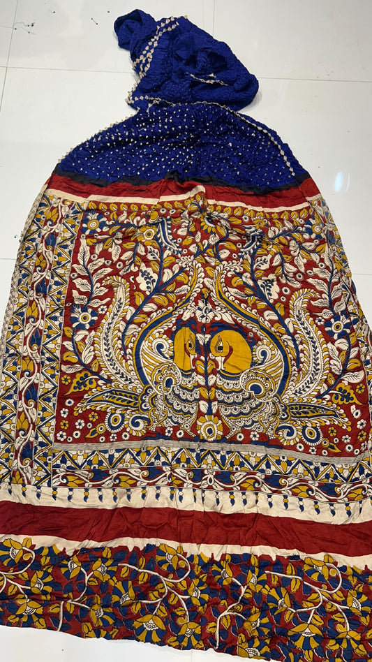 Beautiful Hand-Crafted Modal Silk Bandhani + Kalamkari print Saree