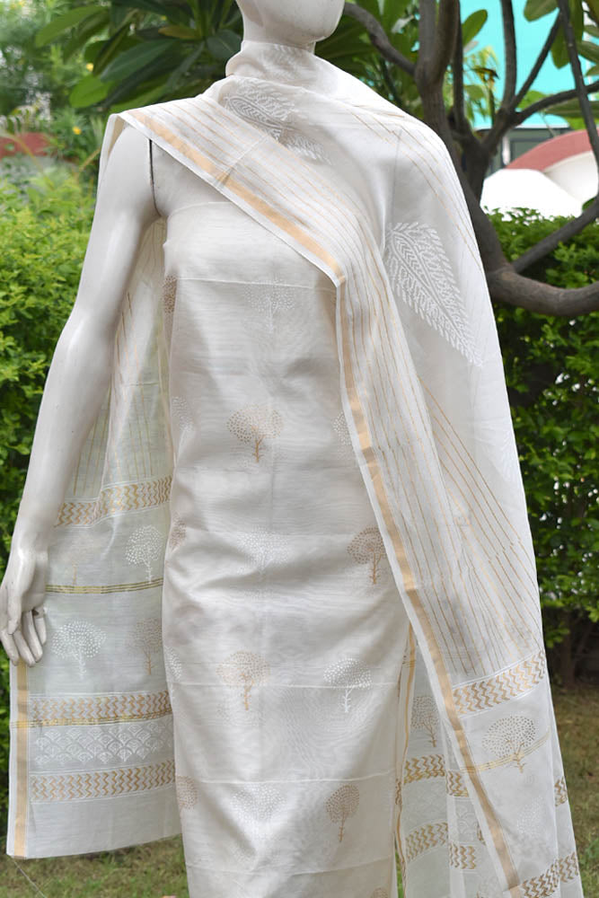 Elegant Khadi (gold)  Hand Block Printed Chanderi unstitched suit fabric