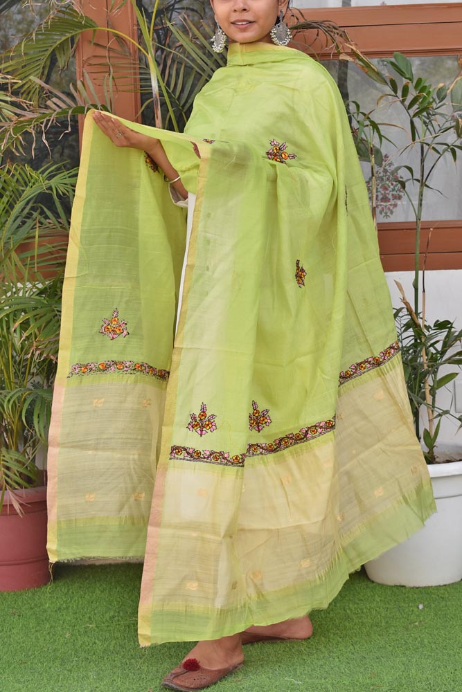 Elegant  Pure Maheshwari Silk Cotton Dupatta with Kashmiri Hand Embroidery