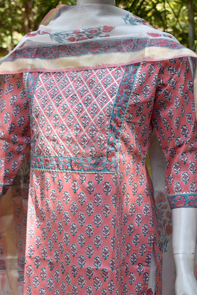 Hand Block Printed Cotton suit - Kurta , Dupatta & Pant