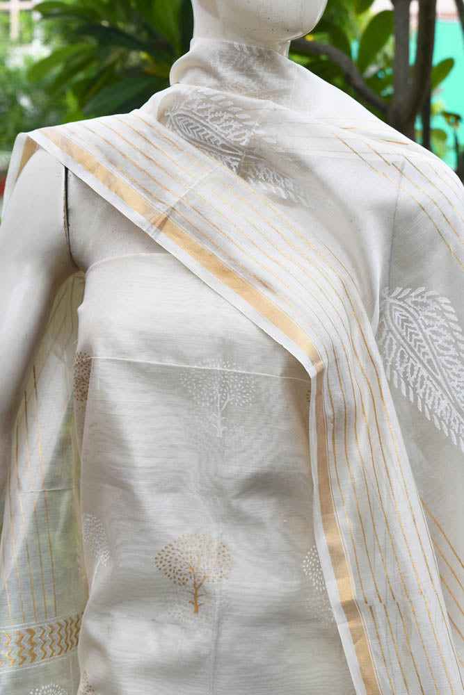 Elegant Khadi (gold)  Hand Block Printed Chanderi unstitched suit fabric