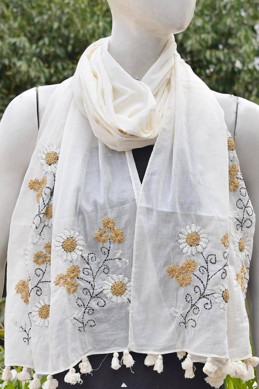 Beautiful Soft Cotton Voile Stole with Kantha work & hand embroidery & tassels