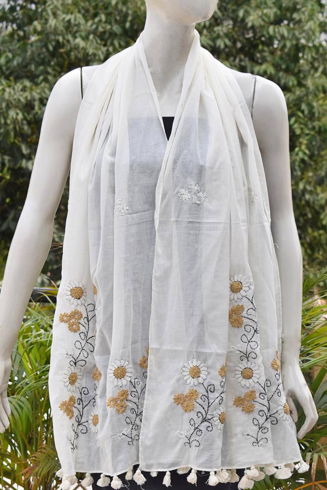 Beautiful Soft Cotton Voile Stole with Kantha work & hand embroidery & tassels