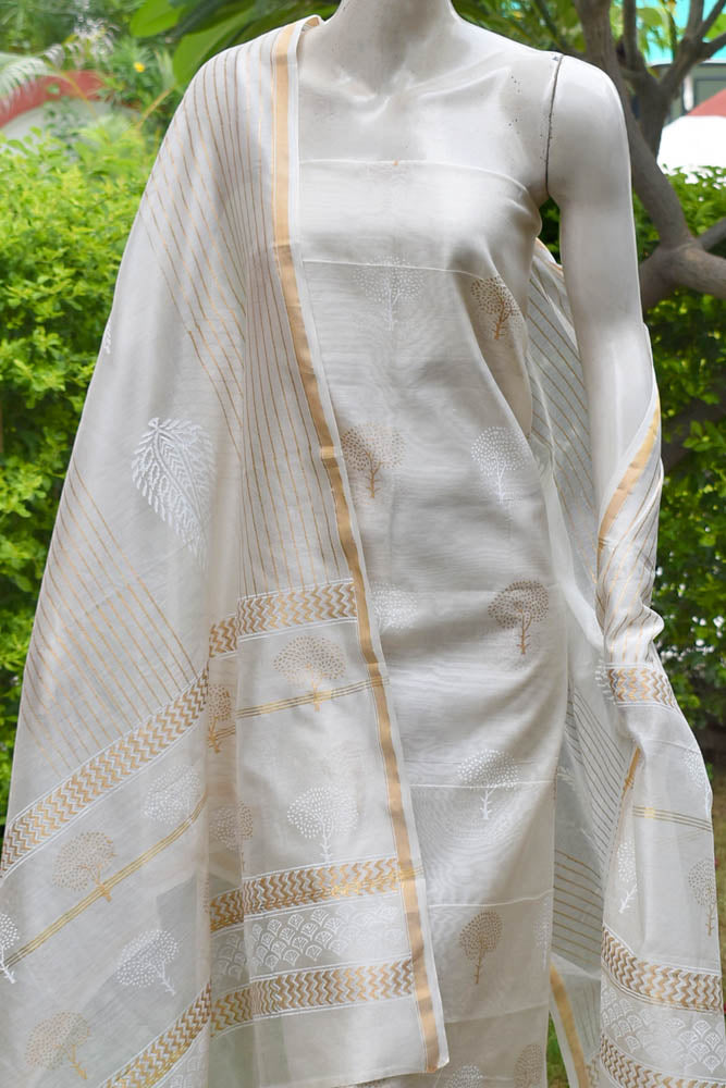 Elegant Khadi (gold)  Hand Block Printed Chanderi unstitched suit fabric