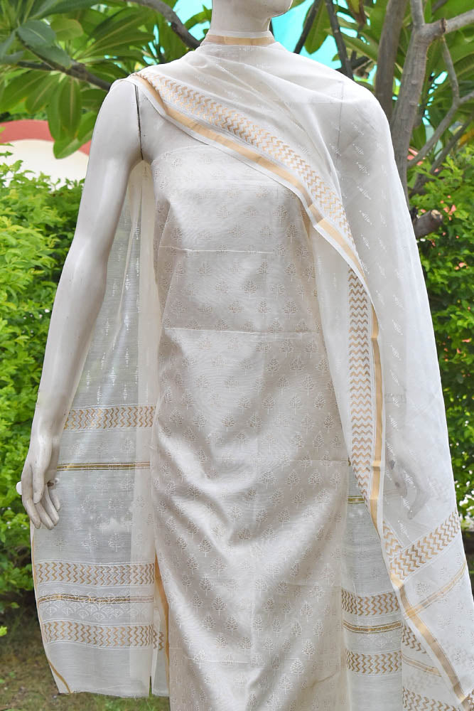 Elegant Khadi (gold)  Hand Block Printed Chanderi unstitched suit fabric