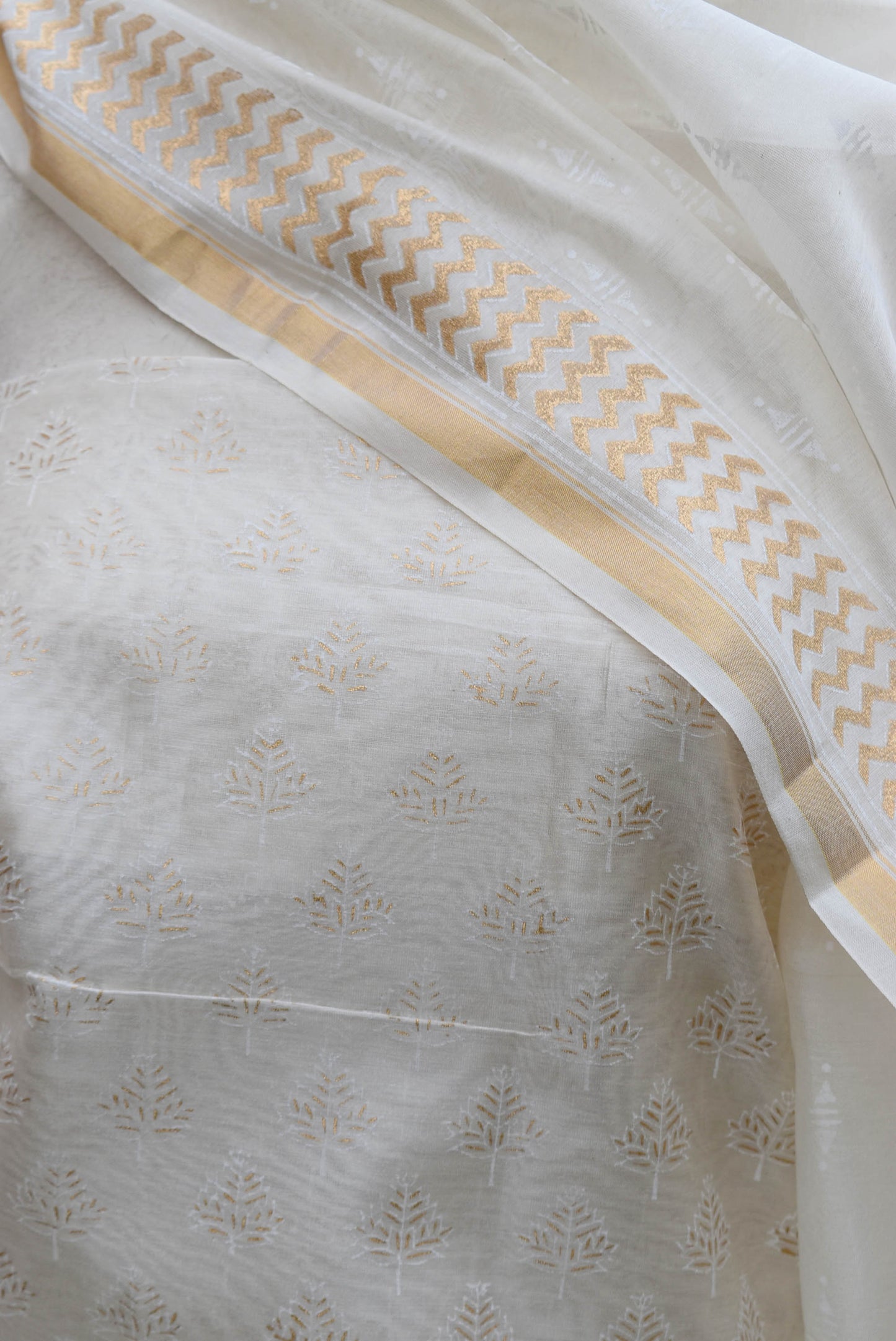 Elegant Khadi (gold)  Hand Block Printed Chanderi unstitched suit fabric