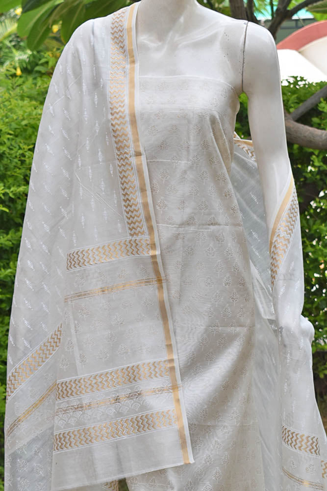 Elegant Khadi (gold)  Hand Block Printed Chanderi unstitched suit fabric