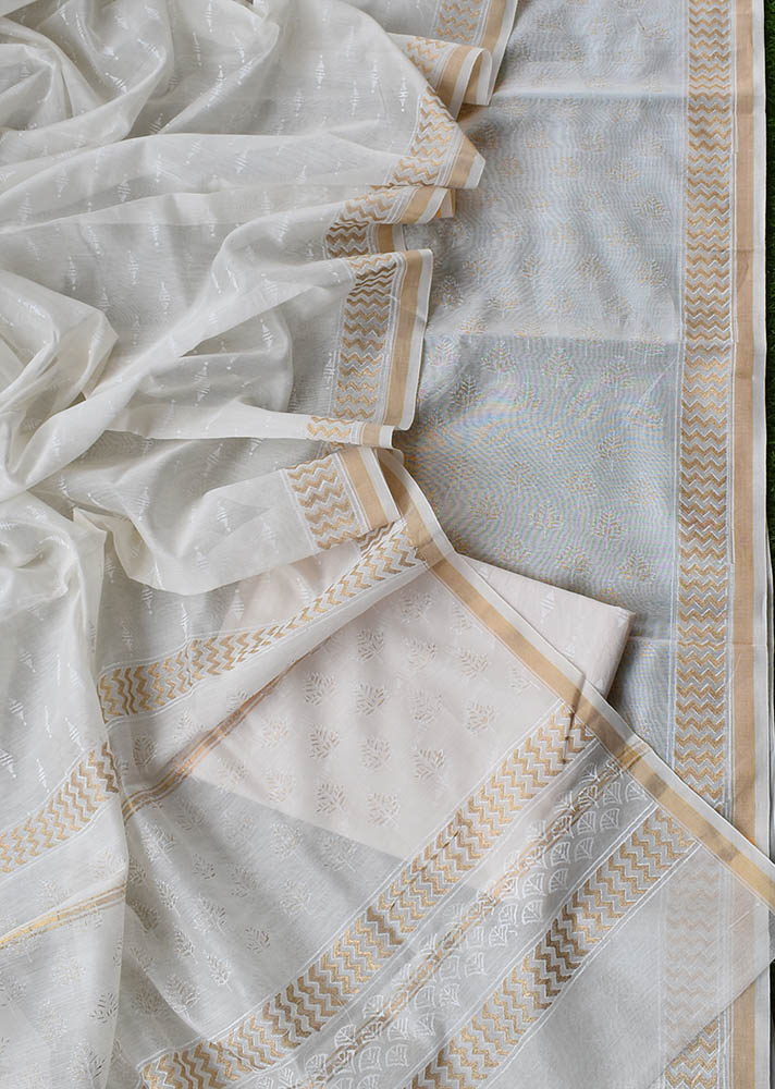 Elegant Khadi (gold)  Hand Block Printed Chanderi unstitched suit fabric