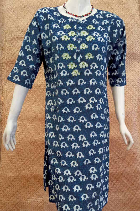 Elegant Block Printed Indigo Cotton Kurta - Size 44