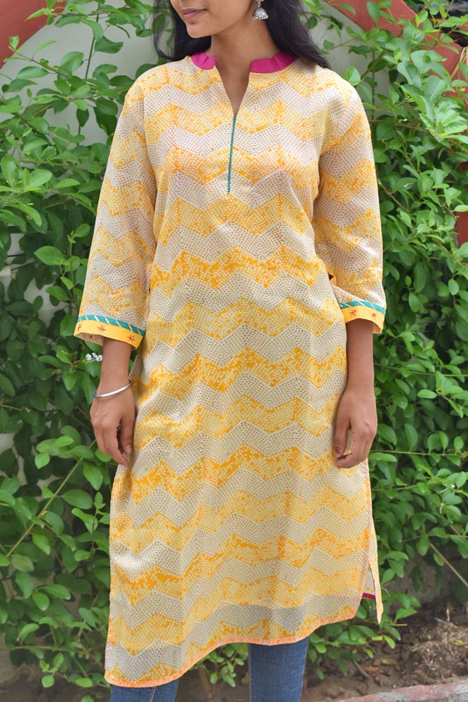 Hand Block Printed Chanderi Kurta with resham work - size 38