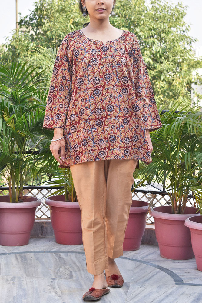 Machalipatnam Kalamkari Hand Block Printed Cotton Short Kurta with sequins on yoke - Size - 44