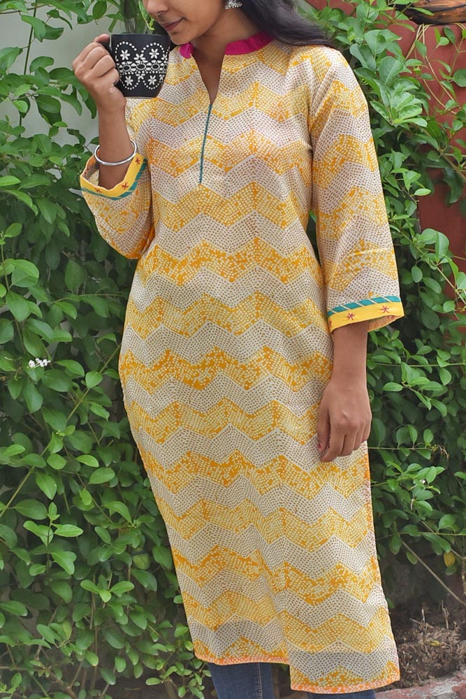 Hand Block Printed Chanderi Kurta with resham work - size 38