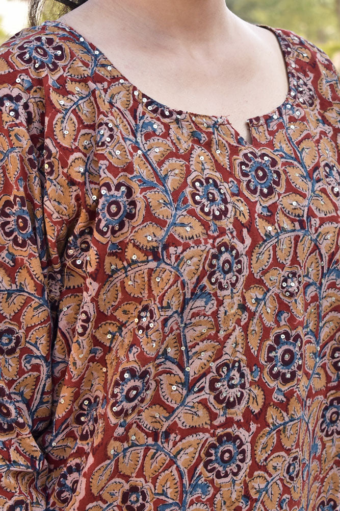 Machalipatnam Kalamkari Hand Block Printed Cotton Short Kurta with sequins on yoke - Size - 44